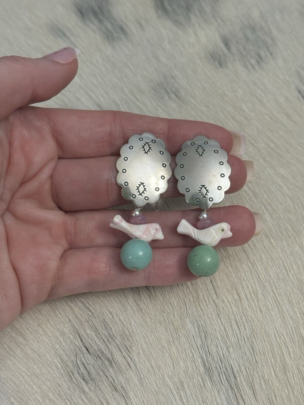Carolyn Pollack Old Carlisle Sterling Silver Concho Fetish Bird Post Earrings 2”